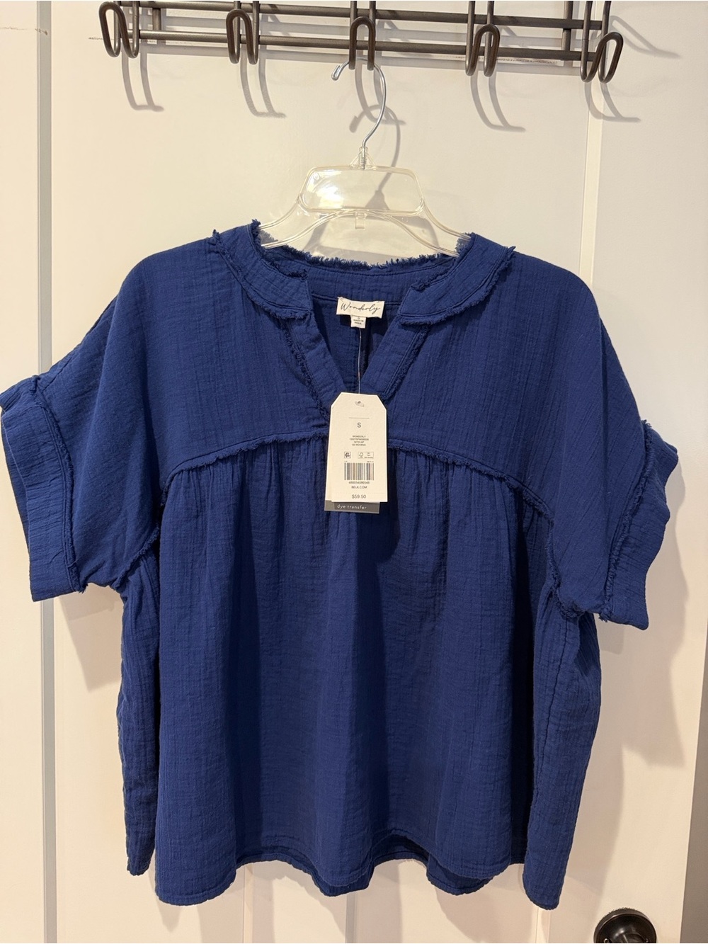 Wonderly Deep Navy Short-Sleeve Frayed Peasant Tunic